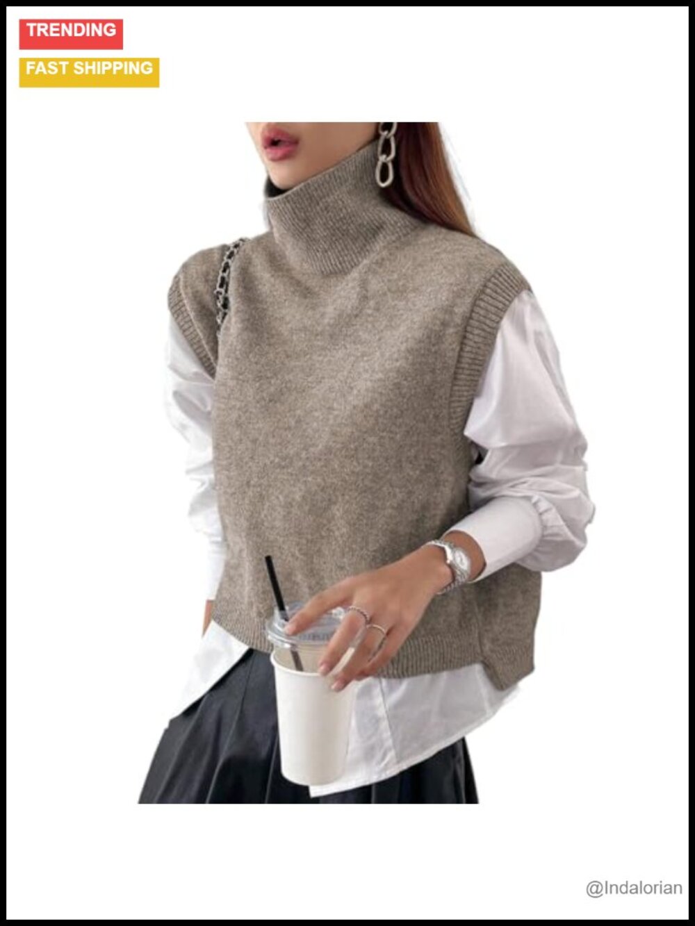 High Neck Sleeveless Knit Crop Sweater Vest Loose Fit